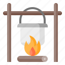 cooking, pot, cauldron, bonfire, fire, campfire, camping