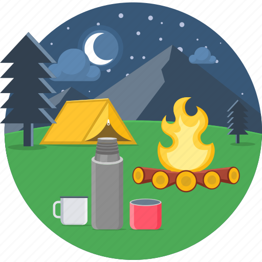 Enjoyement, picnic, camp, campfire, night, sports drink bottle, tent icon - Download on Iconfinder