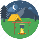 cooking, food, picnic, tent, camping, fire, night