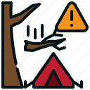 beware, warning, tree, branch, drop, tent, camping, outdoor