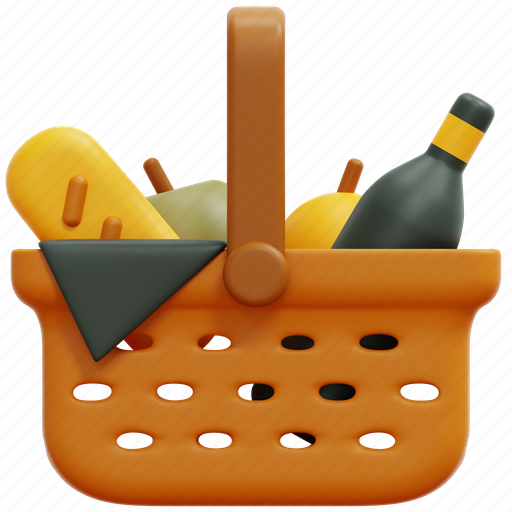 Basket, picnic, camping, bottle, holidays, food, drink 3D illustration - Download on Iconfinder