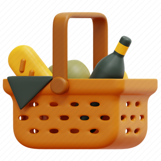 Basket, picnic, camping, bottle, holidays, drink, food 3D illustration - Download on Iconfinder