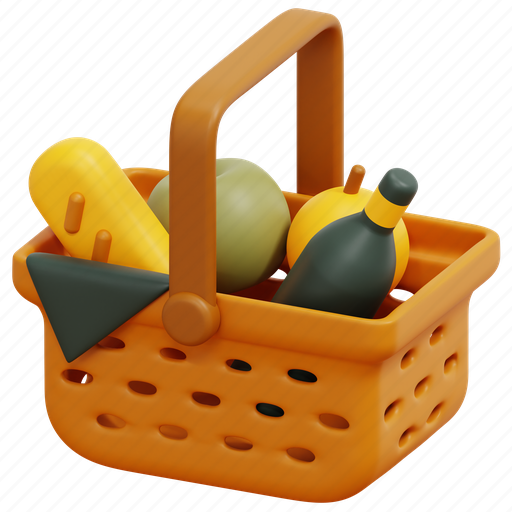 Basket, picnic, camping, bottle, food, holidays, drink 3D illustration - Download on Iconfinder