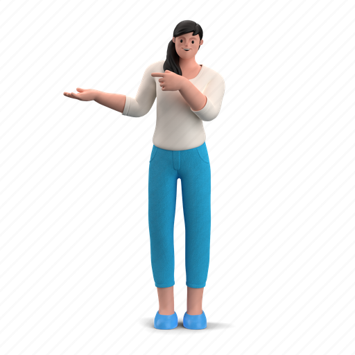 Character, builder, girl, pointing, point, discover, explore 3D illustration - Download on Iconfinder