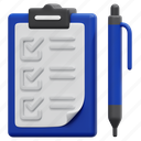 clipboard, verification, report, list, test, pen, document, 3d 