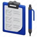 clipboard, verification, report, list, document, test, pen, 3d 