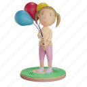children, girl, hold, bring, balloon, colorful, child, toy, 3d render 