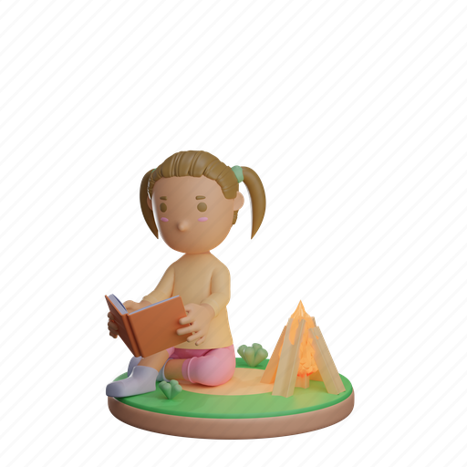 Children, girl, read, book, bonfire, learning, reading 3D illustration - Download on Iconfinder