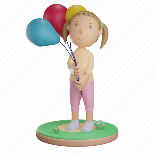 Children, girl, hold, bring, balloon, colorful, child 3D illustration - Download on Iconfinder
