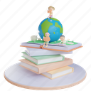 children, book, read, globe, boy, girl, earth, world, 3d render