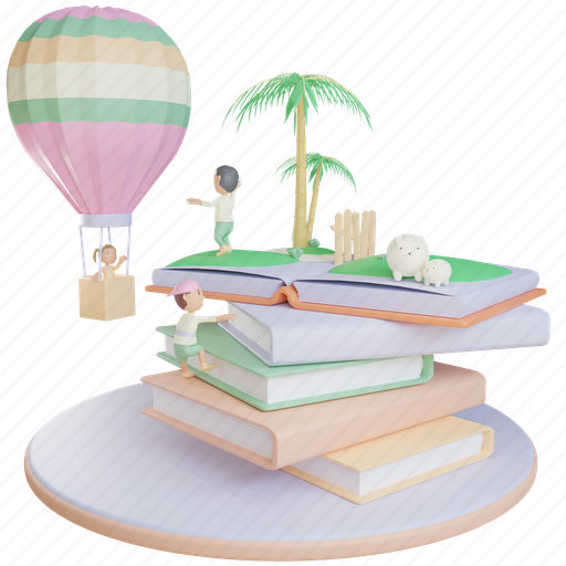 Children, book, ride, air, balloon, girl, fly 3D illustration - Download on Iconfinder