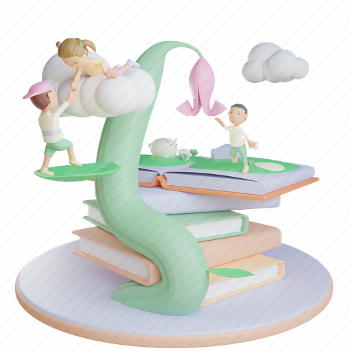 Children, book, climb, clouds, giant, tree, boy 3D illustration - Download on Iconfinder