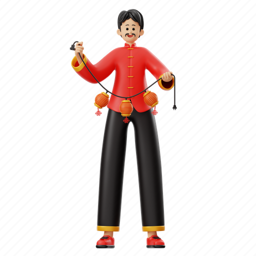 Chinese, man, character, lantern, pose, happy, china 3D illustration - Download on Iconfinder