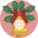 bell, bow, christmas, decoration, golden, ribbon, snowflake