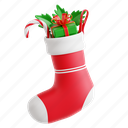 stocking, festive christmas sock, holiday stocking, gift holder, christmas, 3d icon, 3d illustration, 3d render 