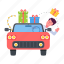 christmas car, deliver gifts, driving car, xmas car, christmas gift 