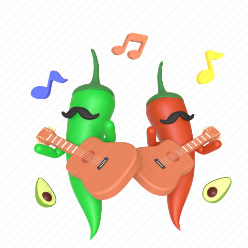 Cinco de mayo, guitar, red chili pepper, green chili pepper, music, carnival, mexico 3D illustration - Download on Iconfinder