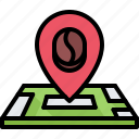 bean, cafe, coffee, drink, location, map, pin