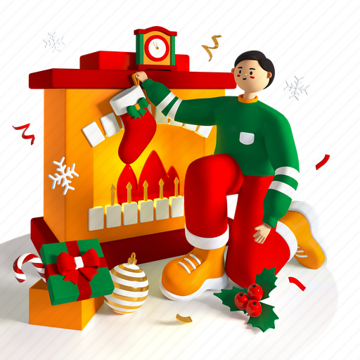 Fireplace, holiday, new year, christmas stocking 3D illustration - Download on Iconfinder