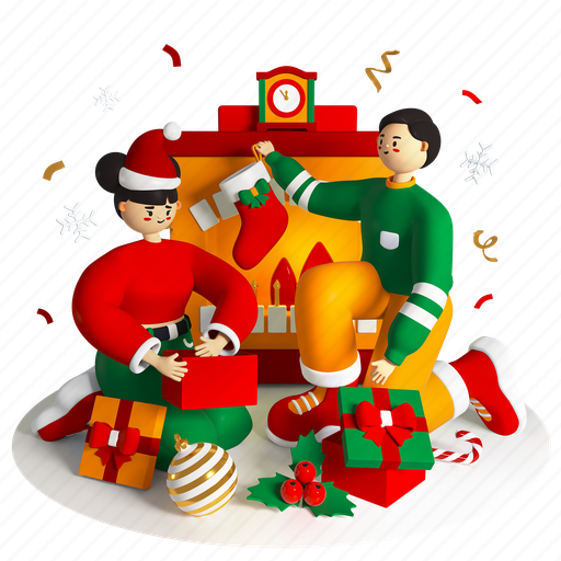 Fireplace, new year, christmas, stockings 3D illustration - Download on Iconfinder