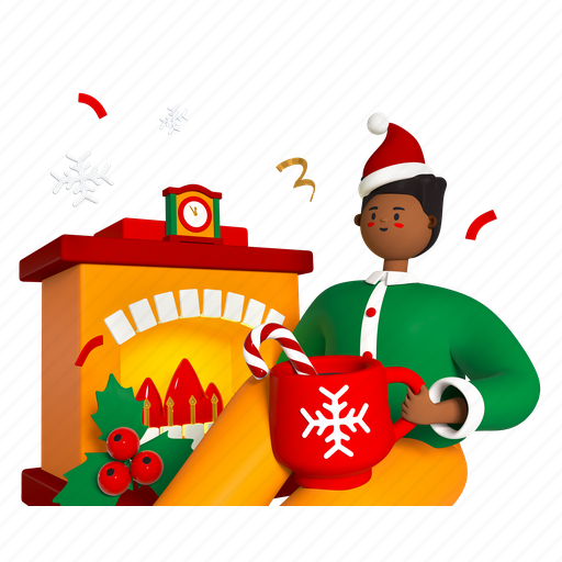 Fireplace, new year, african american boy, christmas 3D illustration - Download on Iconfinder