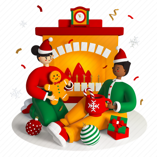 Fireplace, new year, christmas, couple 3D illustration - Download on Iconfinder