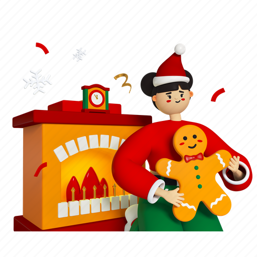 Fireplace, woman, christmas, gingerbread man 3D illustration - Download on Iconfinder