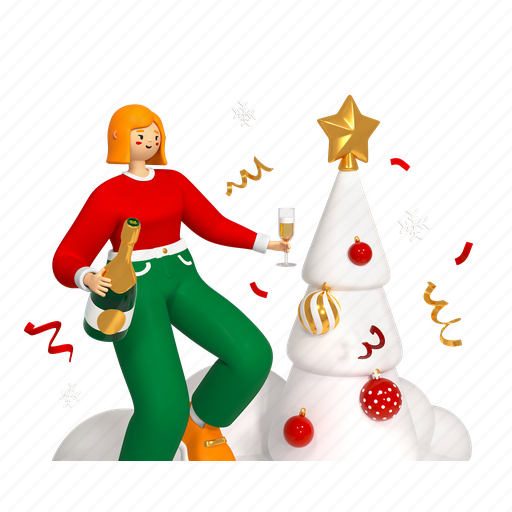 Girl, champagne, new year, christmas tree 3D illustration - Download on Iconfinder