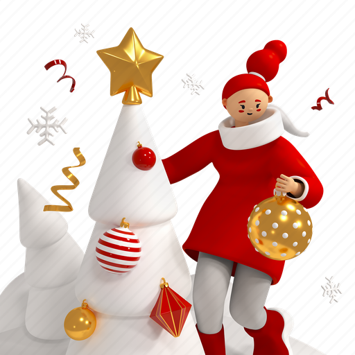 Christmas tree, new year, celebration, girl 3D illustration - Download on Iconfinder
