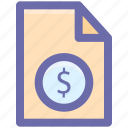bill, currency, document, dollar sign, file, money, paper