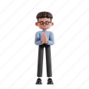 namaste, 3d character, 3d illustration, 3d render, 3d businessman, blue shirt, glasses, eyeglasses, business, welcoming guests, receptionist, officer, hand clap, greeting, calm, humble, welcoming, friendly 