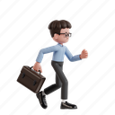 go, to, work, 3d character, 3d illustration, 3d render, 3d businessman, eyeglasses, run, running, briefcase, go to work, fast, urgent, deadline, rushing, speed, hurry, late 