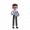 holding, clock, 3d character, 3d illustration, 3d render, 3d businessman, blue shirt, eyeglasses, minute, stopwatch, productivity, timer, strategy, progress, watch, deadline, alarm, time 