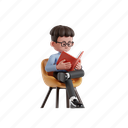 reading, book, 3d character, 3d illustration, 3d render, 3d businessman, blue shirt, eyeglasses, sitting, chair, learning, study, knowledge, read, leisure, education, literature 