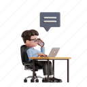 sit, laptop, talking, 3d character, 3d illustration, 3d render, 3d businessman, blue shirt, eyeglasses, chair, table, conversation, voice, business talk, multitasking, call, speak 