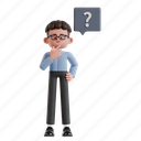 think, 3d character, 3d illustration, 3d render, 3d businessman, blue shirt, chin, holding, question mark, bubble, idea, imagination, find solution, inspiration, strategy, thinking, smart solution 