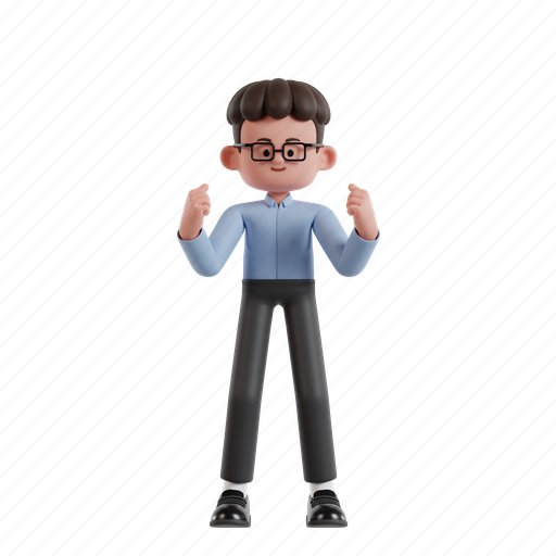 Celebrate, 3d character, 3d illustration, 3d render, 3d businessman, blue shirt, glasses 3D illustration - Download on Iconfinder