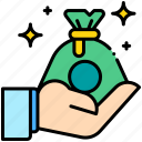 profit, hand gesture, money bag, investment, currency