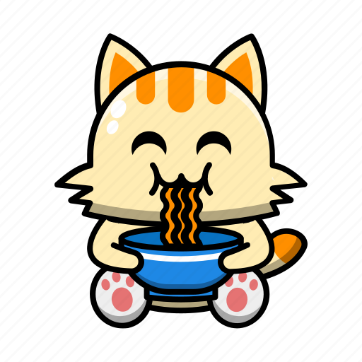 Cute, cat, eating, noodle, pet, animal, cartoon icon - Download on Iconfinder