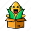 cute, corn, inside, box, package, vegetable, snack, farm, mascot 