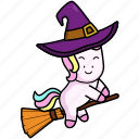 unicorn, riding, broom, witch, halloween