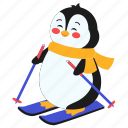 happy, penguin, skiing, animal, wildlife, bird, winter, character, holiday