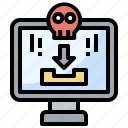 arrows, computer, download, file, skull, virus 
