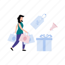 female, walking, shopping, bags, discount