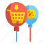 shopping, discount, signaling, percentage, sales, balloon, cart 