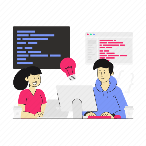 Woman, man, collaboration, pair programming, ideas, coding and web design, web design illustration - Download on Iconfinder