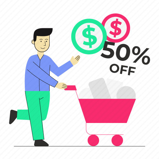 Discount, money, man, ecommerce, trolley, payment illustration - Download on Iconfinder