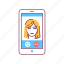 avatar, call, device, emoticon, face, female, smartphone 