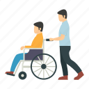 disabled, person, male nurse, taking, wheelchair, old house