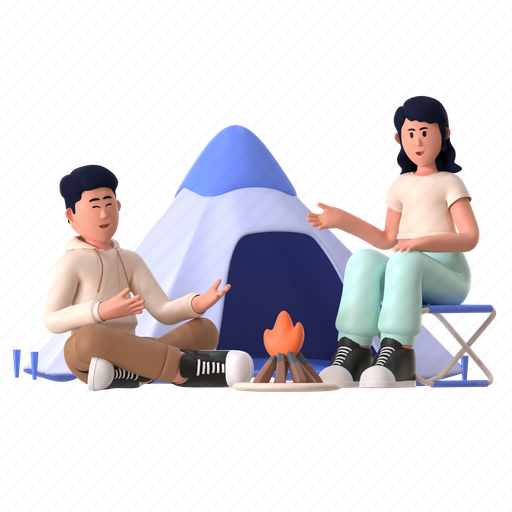 Camping, camp, outdoor, adventure, couple, camp fire, travel 3D illustration - Download on Iconfinder